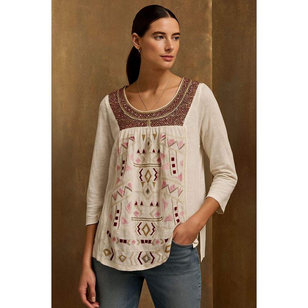 Anthropologie Akemi + Kin White Embroidered Blouse Top Shirt Women's Size Small